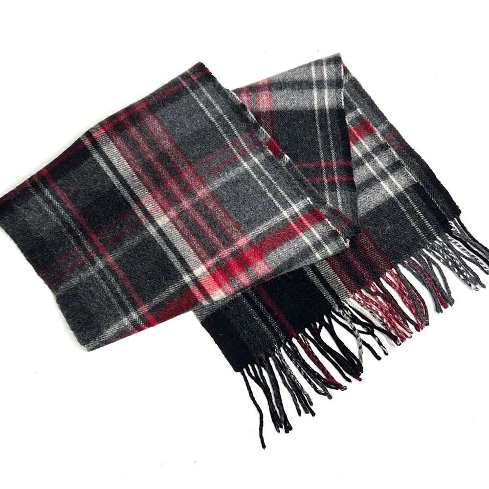 V. FRAAS Wool Cashmere Blend Gray Red Plaid Scarf Unisex